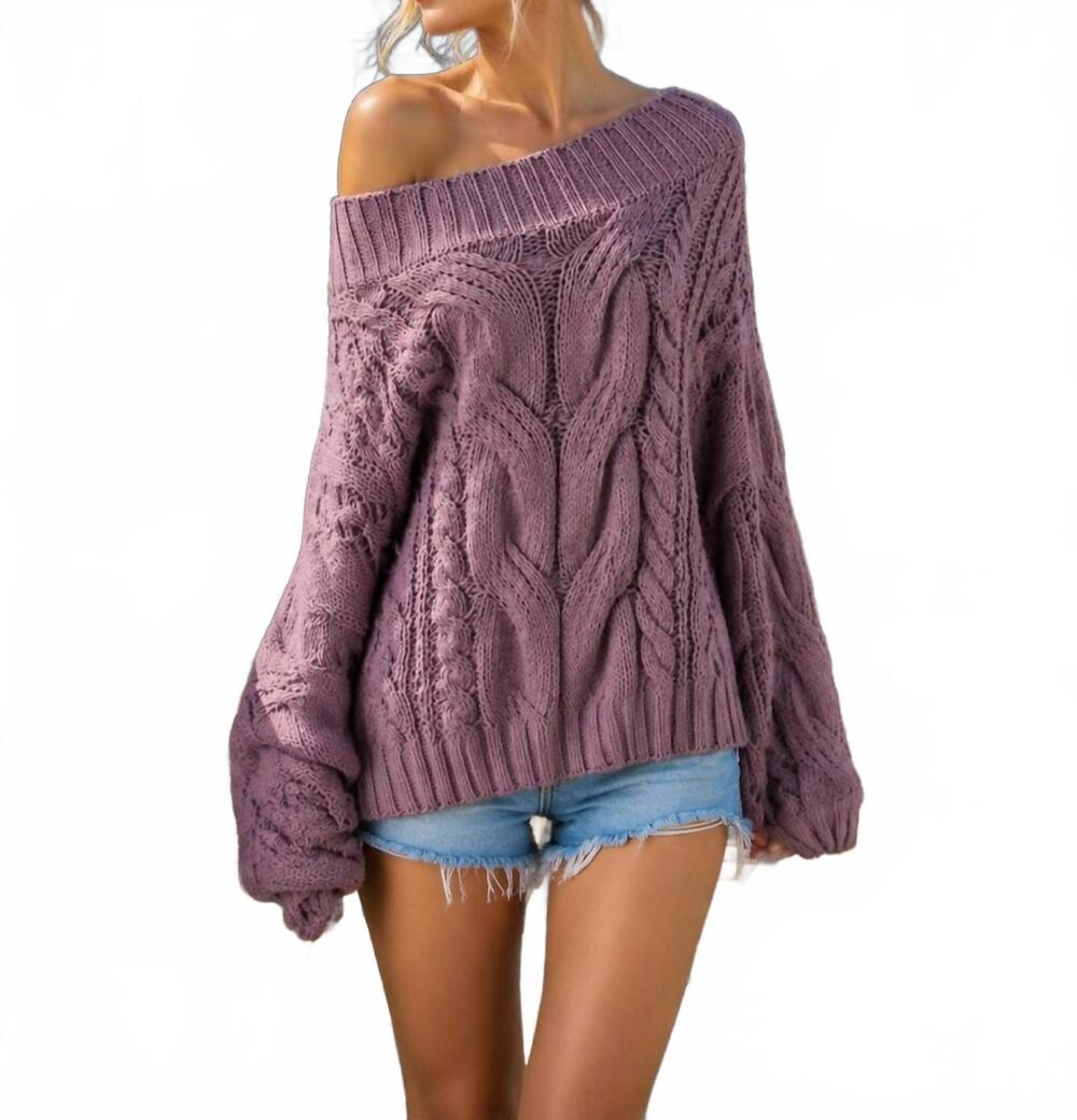 NEW MIRACLE boat neck braid cable knit chenille tunic sweater in mauve